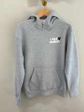 Load image into Gallery viewer, grey hoodie lake okoboji w/ navy heart