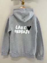 Load image into Gallery viewer, grey hoodie lake okoboji w/ navy heart