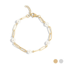 Load image into Gallery viewer, 18K Gold PVD Steel Station Pearl Paperclip Chain Bracelet