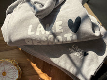 Load image into Gallery viewer, grey hoodie lake okoboji w/ navy heart