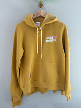 Load image into Gallery viewer, mustard hoodie lake okoboji w/ pink heart