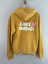 Load image into Gallery viewer, mustard hoodie lake okoboji w/ pink heart