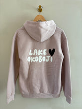 Load image into Gallery viewer, Blush hoodie lake okoboji w/ navy heart