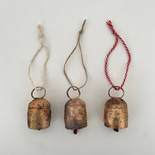 Load image into Gallery viewer, 2 1/4" rounded tin brass bell rustic ornament red & white striped cord