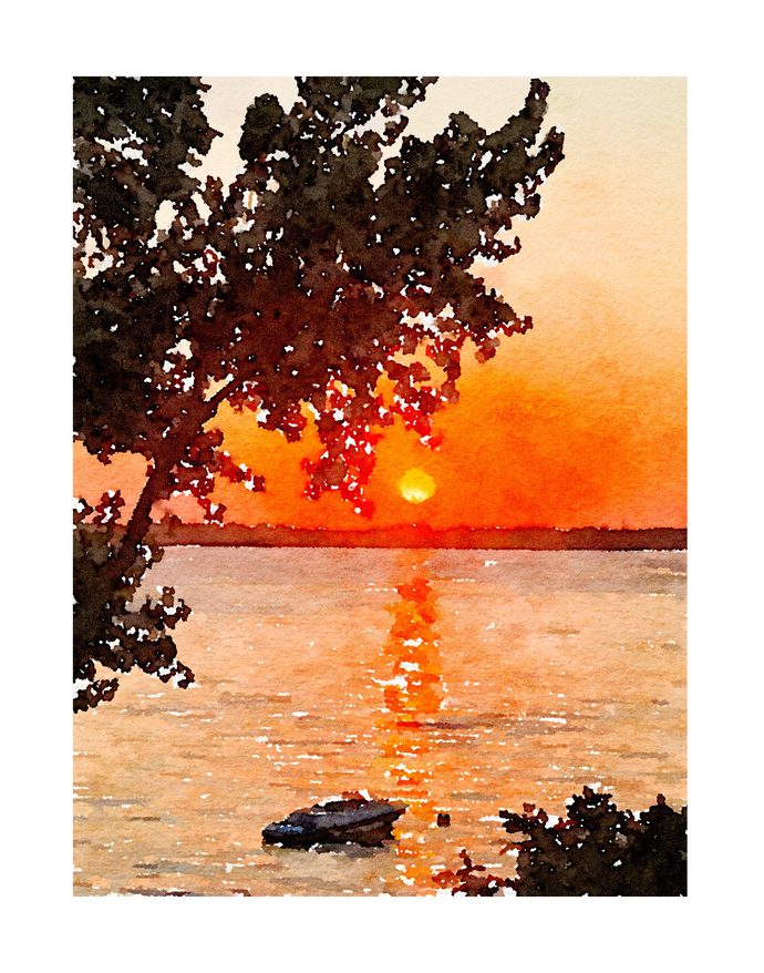 Sunset with boat and trees