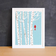 Load image into Gallery viewer, Small Winter Cardinal Print Birch Tree Art Red Bird Art

