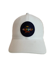 Load image into Gallery viewer, okoboji love white  cap with navy patch
