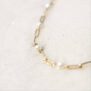 18K Gold PVD Steel Station Pearl Paperclip Chain Bracelet