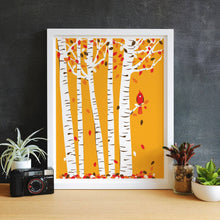 Load image into Gallery viewer, Small Autumn Cardinal Print Birch Tree Art Red Bird
