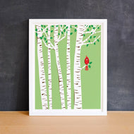 Small Spring Cardinal Print Birch Tree Art Red Bird Art