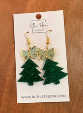 Load image into Gallery viewer, Christmas tree earrings with gold bow
