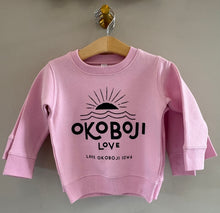 Load image into Gallery viewer, toddler pink crew - navy Okoboji love logo
