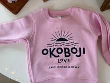Load image into Gallery viewer, toddler pink crew - navy Okoboji love logo
