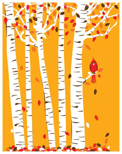 Small Autumn Cardinal Print Birch Tree Art Red Bird