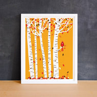 Small Autumn Cardinal Print Birch Tree Art Red Bird